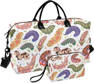VIGTRO Travel Duffel Bag Weekender Overnight Bag with Toiletry Bag Colorful Insects Caterpillar Pattern Printed, Carry On Luggage Bag for Hospital Gym Travel Business, 2 Pcs Set
