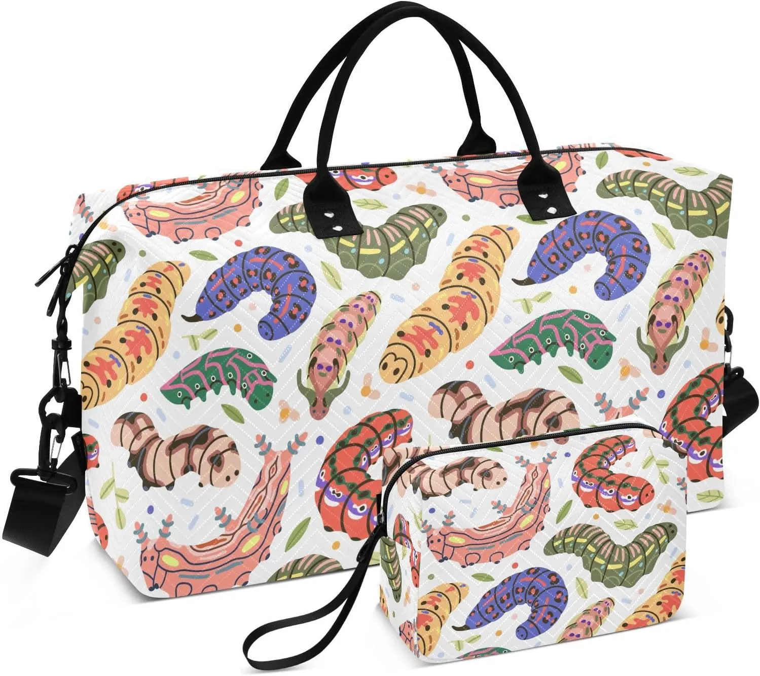 VIGTRO Travel Duffel Bag Weekender Overnight Bag with Toiletry Bag Colorful Insects Caterpillar Pattern Printed, Carry On Luggage Bag for Hospital Gym Travel Business, 2 Pcs Set
