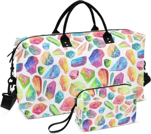 VIGTRO Travel Duffel Bag Weekender Overnight Bag with Toiletry Bag Colorful Watercolor Gems Crystal Printed, Carry On Luggage Bag for Hospital Gym Travel Business, 2 Pcs Set