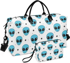 VIGTRO Travel Duffel Bag Weekender Overnight Bag with Toiletry Bag Cute Alien Face Star Printed, Carry On Luggage Bag for Hospital Gym Travel Business, 2 Pcs Set
