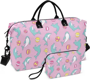 VIGTRO Travel Duffel Bag Weekender Overnight Bag with Toiletry Bag Cute Dolphin Colorful Ball Printed, Carry On Luggage Bag for Hospital Gym Travel Business, 2 Pcs Set