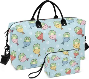 VIGTRO Travel Duffel Bag Weekender Overnight Bag with Toiletry Bag Cute Frog Mermaid Sea Printed, Carry On Luggage Bag for Hospital Gym Travel Business, 2 Pcs Set