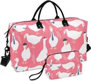 VIGTRO Travel Duffel Bag Weekender Overnight Bag with Toiletry Bag Cute Geese Fashion Pattern Printed, Carry On Luggage Bag for Hospital Gym Travel Business, 2 Pcs Set
