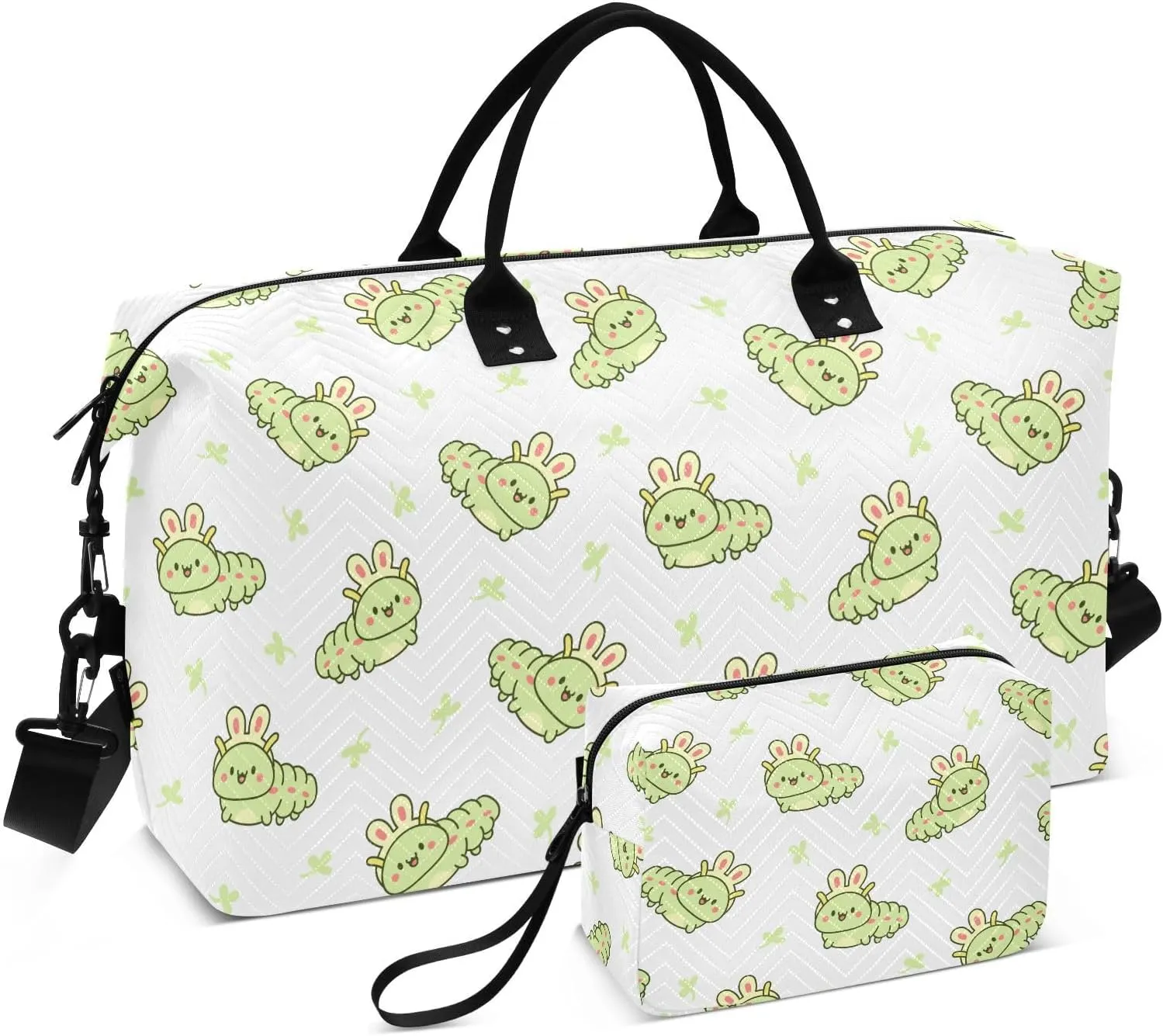 VIGTRO Travel Duffel Bag Weekender Overnight Bag with Toiletry Bag Cute Kawaii Caterpillar Printed, Carry On Luggage Bag for Hospital Gym Travel Business, 2 Pcs Set