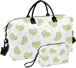 VIGTRO Travel Duffel Bag Weekender Overnight Bag with Toiletry Bag Cute Kawaii Caterpillar Printed, Carry On Luggage Bag for Hospital Gym Travel Business, 2 Pcs Set