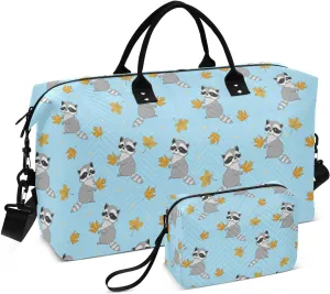 VIGTRO Travel Duffel Bag Weekender Overnight Bag with Toiletry Bag Cute Raccoons Autumn Leaves Printed, Carry On Luggage Bag for Hospital Gym Travel Business, 2 Pcs Set