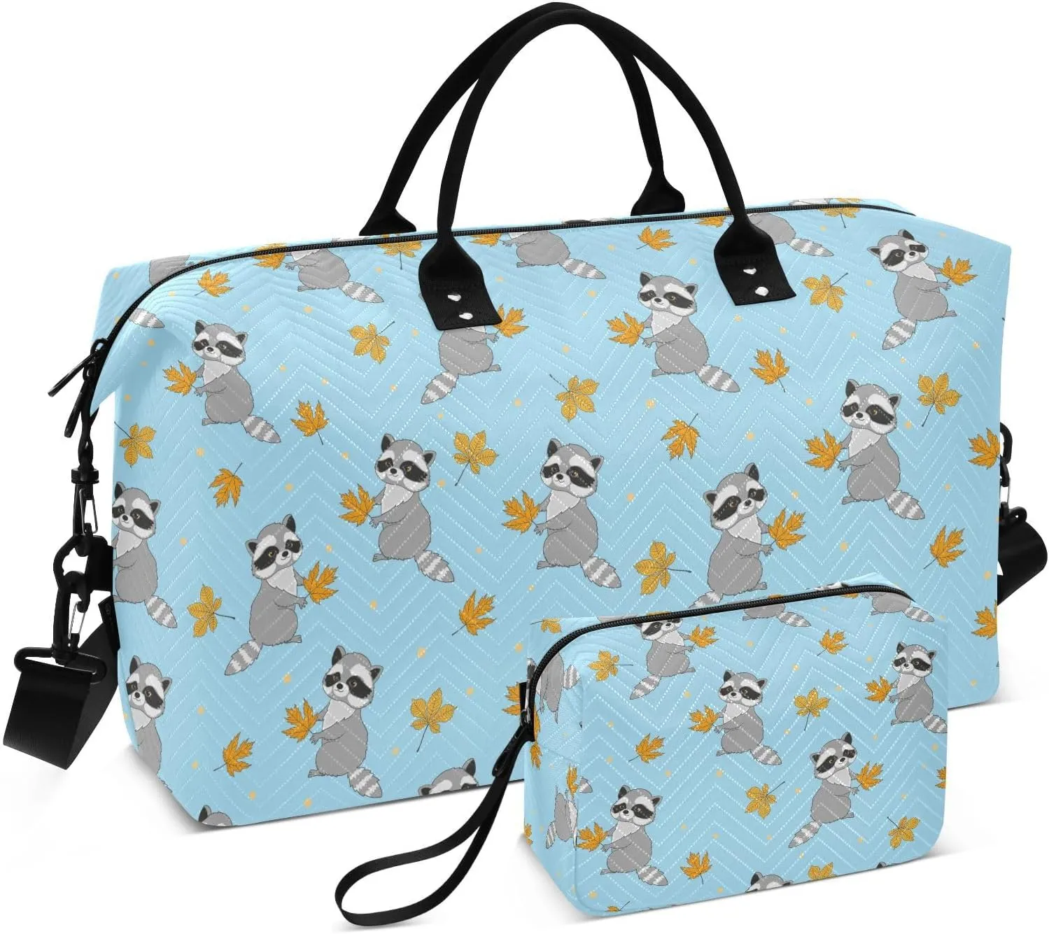 VIGTRO Travel Duffel Bag Weekender Overnight Bag with Toiletry Bag Cute Raccoons Autumn Leaves Printed, Carry On Luggage Bag for Hospital Gym Travel Business, 2 Pcs Set
