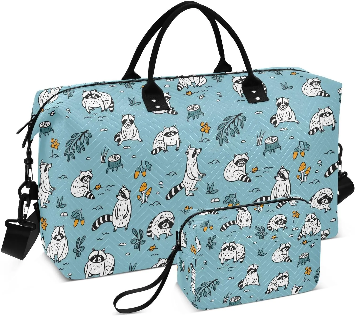 VIGTRO Travel Duffel Bag Weekender Overnight Bag with Toiletry Bag Cute Raccoons Forest Leaves Printed, Carry On Luggage Bag for Hospital Gym Travel Business, 2 Pcs Set