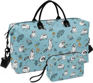 VIGTRO Travel Duffel Bag Weekender Overnight Bag with Toiletry Bag Cute Raccoons Forest Leaves Printed, Carry On Luggage Bag for Hospital Gym Travel Business, 2 Pcs Set