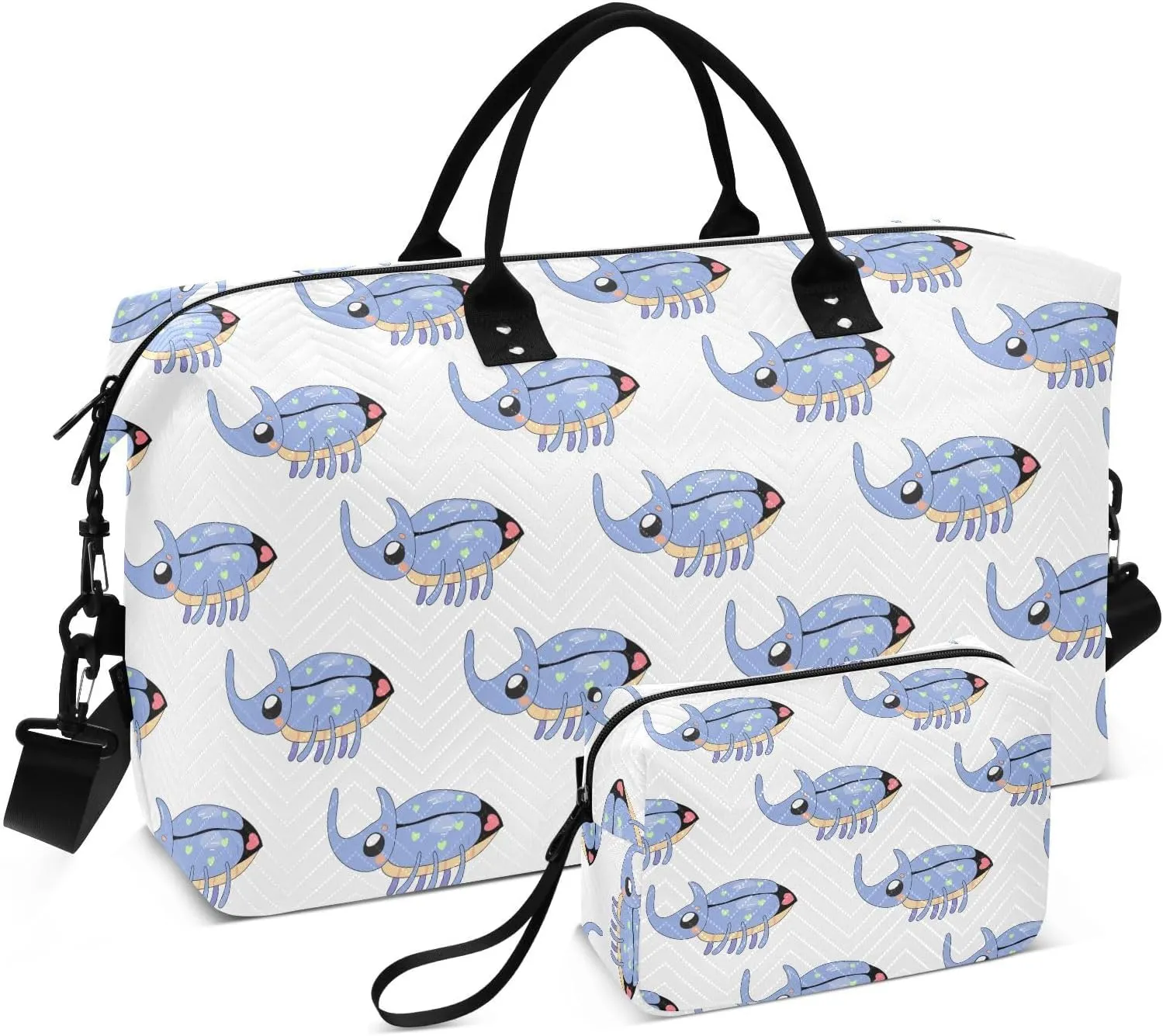 VIGTRO Travel Duffel Bag Weekender Overnight Bag with Toiletry Bag Cute Rhinoceros Beetle Cartoon Printed, Carry On Luggage Bag for Hospital Gym Travel Business, 2 Pcs Set