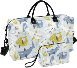 VIGTRO Travel Duffel Bag Weekender Overnight Bag with Toiletry Bag Cute Sharks Seaweed Shells Printed, Carry On Luggage Bag for Hospital Gym Travel Business, 2 Pcs Set
