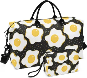 VIGTRO Travel Duffel Bag Weekender Overnight Bag with Toiletry Bag Doodle Eggs for Breakfast Printed, Carry On Luggage Bag Hand Drawn for Hospital Gym Travel Business, 2 Pcs Set