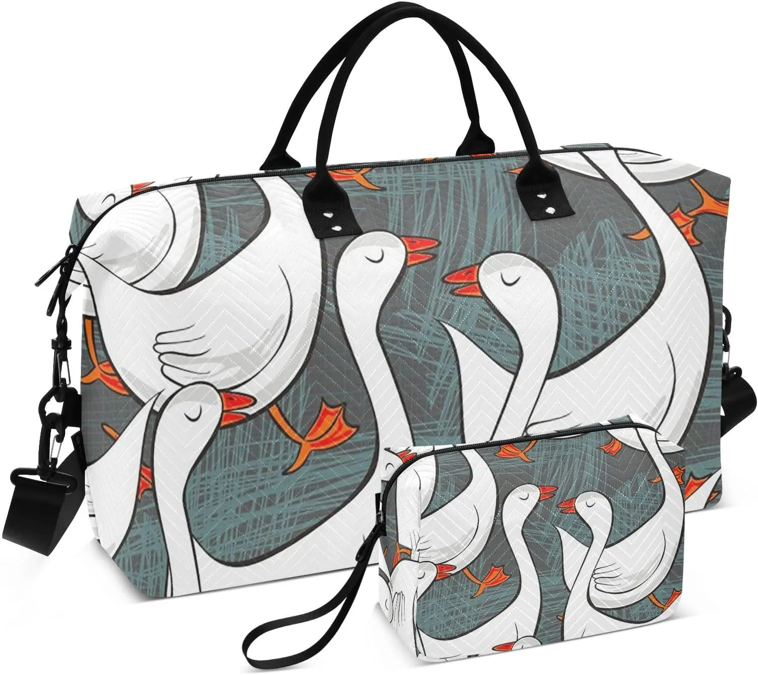 VIGTRO Travel Duffel Bag Weekender Overnight Bag with Toiletry Bag Farm White Gooses Printed, Carry On Luggage Bag Animal Duck for Hospital Gym Travel Business, 2 Pcs Set