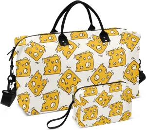 VIGTRO Travel Duffel Bag Weekender Overnight Bag with Toiletry Bag Food Cheese Pattern Printed, Carry On Luggage Bag for Hospital Gym Travel Business, 2 Pcs Set