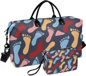 VIGTRO Travel Duffel Bag Weekender Overnight Bag with Toiletry Bag Funny Cute Footprints Printed, Carry On Luggage Bag for Hospital Gym Travel Business, 2 Pcs Set