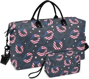 VIGTRO Travel Duffel Bag Weekender Overnight Bag with Toiletry Bag Lips Usa Independence Day Printed, Carry On Luggage Bag 4th Of July for Hospital Gym Travel Business, 2 Pcs Set