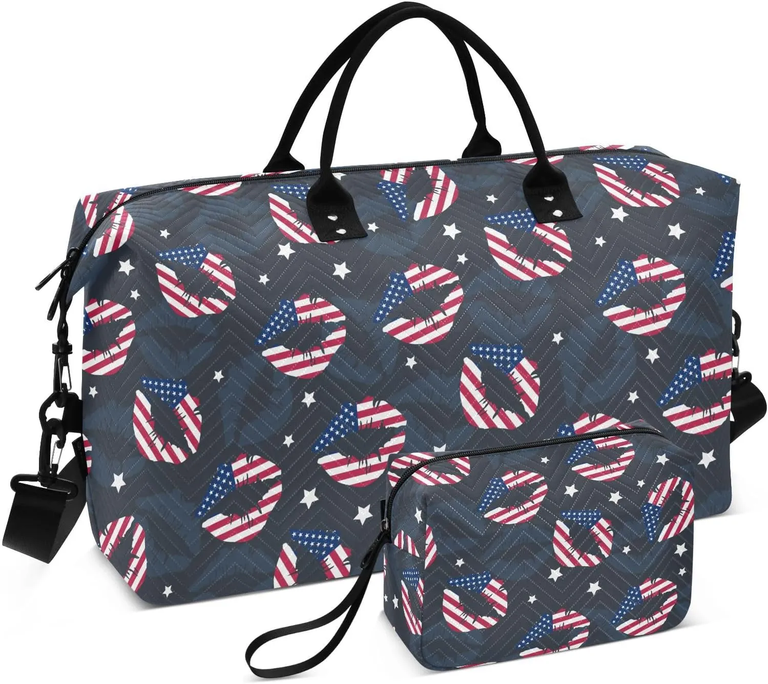 VIGTRO Travel Duffel Bag Weekender Overnight Bag with Toiletry Bag Lips Usa Independence Day Printed, Carry On Luggage Bag 4th Of July for Hospital Gym Travel Business, 2 Pcs Set