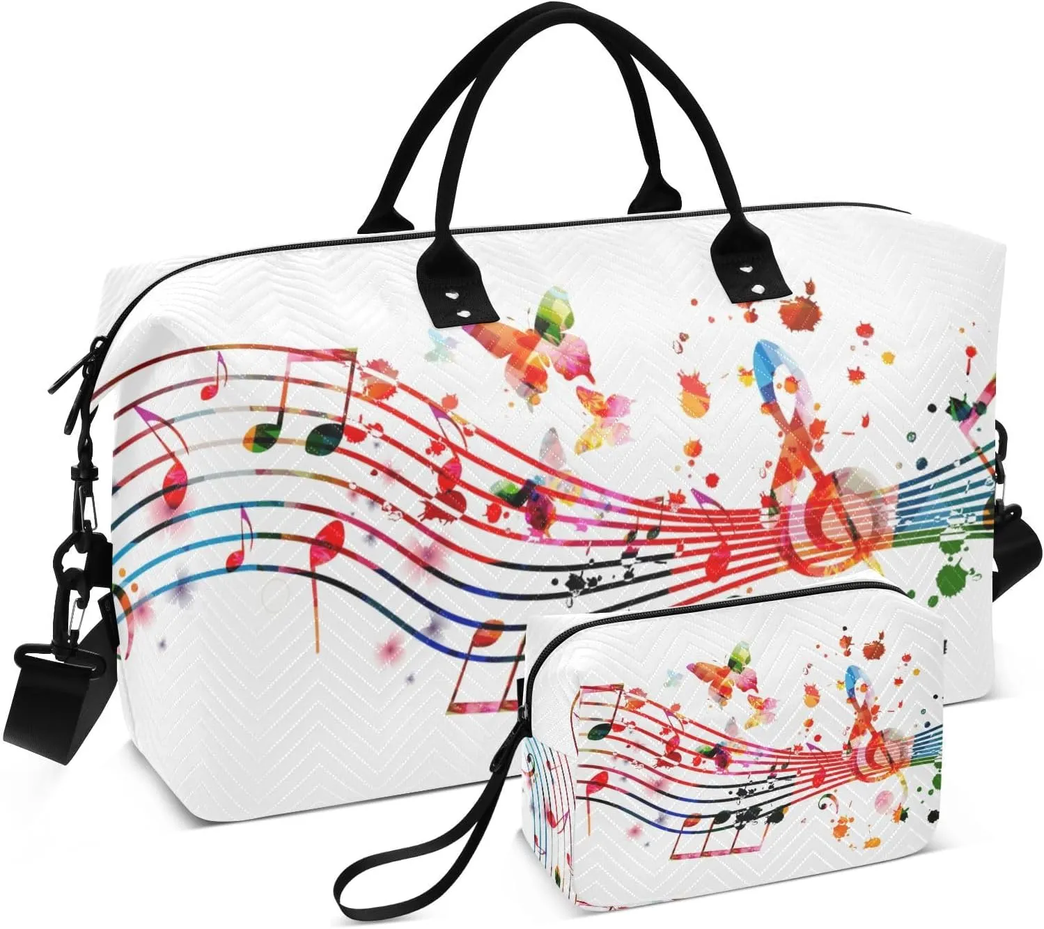 VIGTRO Travel Duffel Bag Weekender Overnight Bag with Toiletry Bag Music Note Butterfly Printed, Carry On Luggage Bag Musical Notation for Hospital Gym Travel Business, 2 Pcs Set