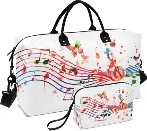 VIGTRO Travel Duffel Bag Weekender Overnight Bag with Toiletry Bag Music Note Butterfly Printed, Carry On Luggage Bag Musical Notation for Hospital Gym Travel Business, 2 Pcs Set
