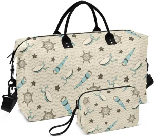 VIGTRO Travel Duffel Bag Weekender Overnight Bag with Toiletry Bag Ocean Sailor Pattern Printed, Carry On Luggage Bag for Hospital Gym Travel Business, 2 Pcs Set