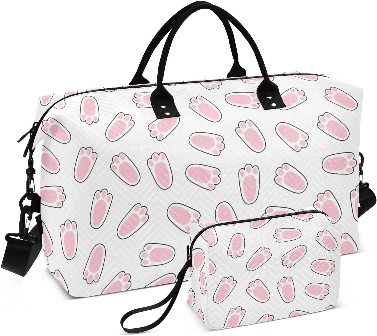 VIGTRO Travel Duffel Bag Weekender Overnight Bag with Toiletry Bag Pink Bunny Footprint Cartoon Printed, Carry On Luggage Bag for Hospital Gym Travel Business, 2 Pcs Set