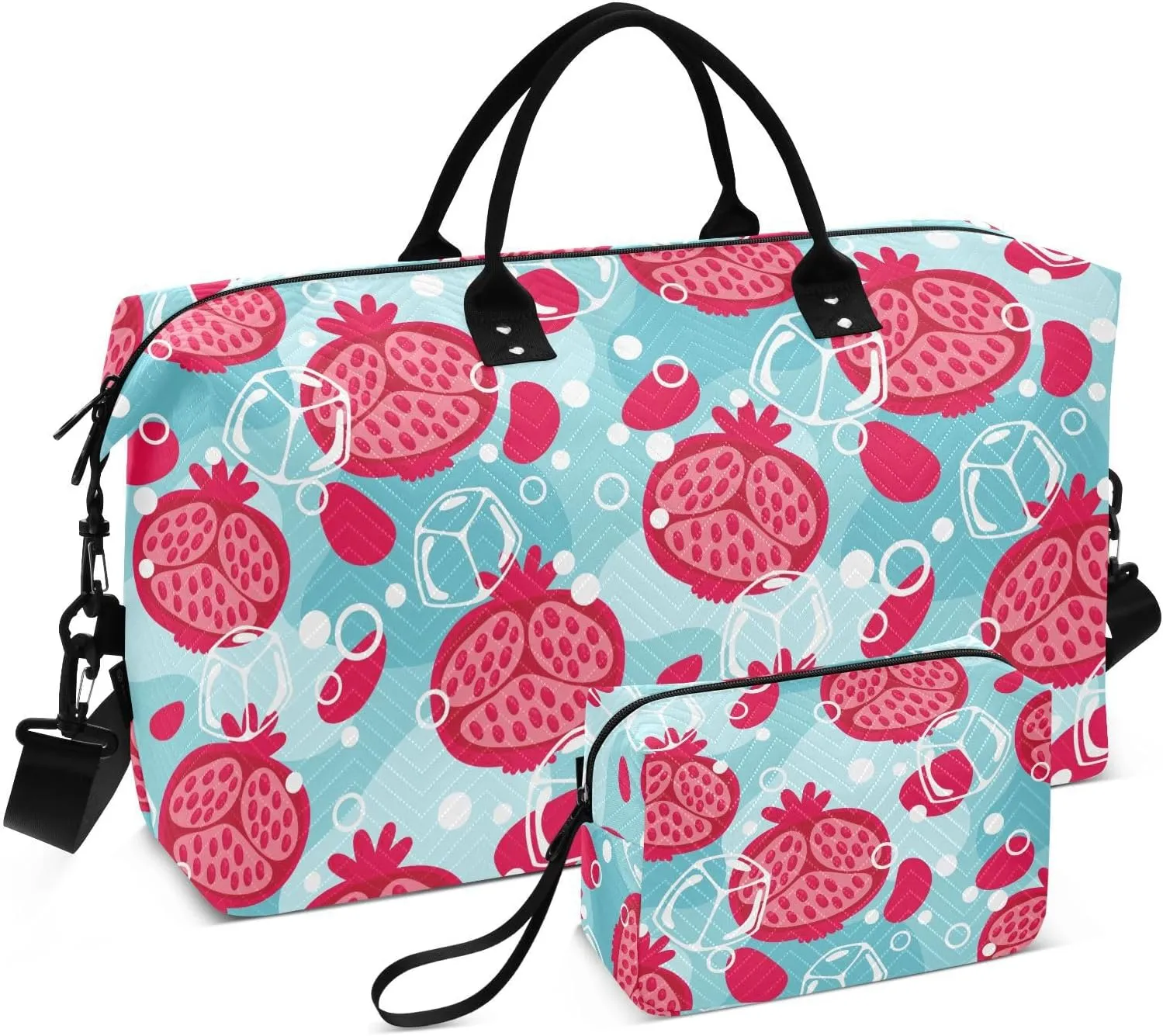 VIGTRO Travel Duffel Bag Weekender Overnight Bag with Toiletry Bag Pomegranates Ice Pattern Printed, Carry On Luggage Bag for Hospital Gym Travel Business, 2 Pcs Set