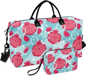 VIGTRO Travel Duffel Bag Weekender Overnight Bag with Toiletry Bag Pomegranates Ice Pattern Printed, Carry On Luggage Bag for Hospital Gym Travel Business, 2 Pcs Set