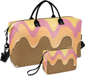 VIGTRO Travel Duffel Bag Weekender Overnight Bag with Toiletry Bag Realistic Liquid Ice Cream Melting Printed, Carry On Luggage Bag for Hospital Gym Travel Business, 2 Pcs Set