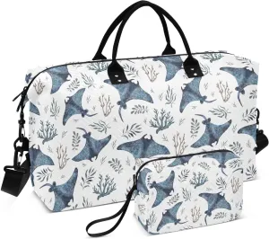 VIGTRO Travel Duffel Bag Weekender Overnight Bag with Toiletry Bag Sea Stingray Water Plants Printed, Carry On Luggage Bag Watercolor for Hospital Gym Travel Business, 2 Pcs Set