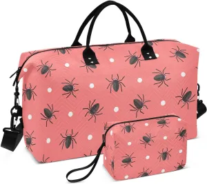 VIGTRO Travel Duffel Bag Weekender Overnight Bag with Toiletry Bag Spiders Circles Red Background Printed, Carry On Luggage Bag for Hospital Gym Travel Business, 2 Pcs Set