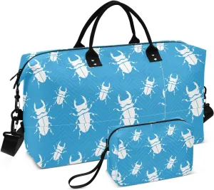VIGTRO Travel Duffel Bag Weekender Overnight Bag with Toiletry Bag Stag Beetle Blue Background Printed, Carry On Luggage Bag for Hospital Gym Travel Business, 2 Pcs Set