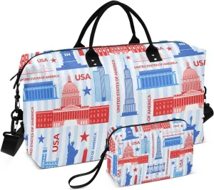 VIGTRO Travel Duffel Bag Weekender Overnight Bag with Toiletry Bag Statue Of Liberty Printed, Carry On Luggage Bag America Landmarks for Hospital Gym Travel Business, 2 Pcs Set