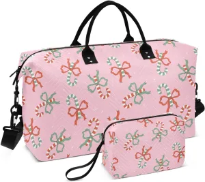 VIGTRO Travel Duffel Bag Weekender Overnight Bag with Toiletry Bag Sugarcane with Bow Tie Printed, Carry On Luggage Bag Christmas for Hospital Gym Travel Business, 2 Pcs Set