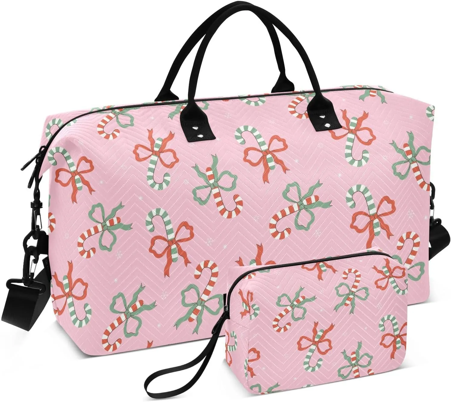 VIGTRO Travel Duffel Bag Weekender Overnight Bag with Toiletry Bag Sugarcane with Bow Tie Printed, Carry On Luggage Bag Christmas for Hospital Gym Travel Business, 2 Pcs Set