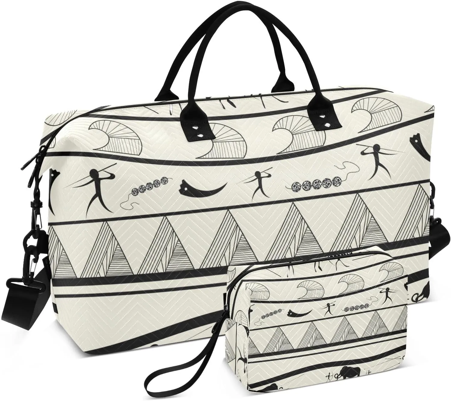 VIGTRO Travel Duffel Bag Weekender Overnight Bag with Toiletry Bag Tribal Rustic Geometric Printed, Carry On Luggage Bag Egyptian Stripes for Hospital Gym Travel Business, 2 Pcs Set