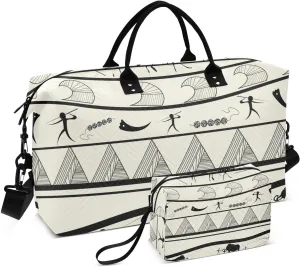 VIGTRO Travel Duffel Bag Weekender Overnight Bag with Toiletry Bag Tribal Rustic Geometric Printed, Carry On Luggage Bag Egyptian Stripes for Hospital Gym Travel Business, 2 Pcs Set