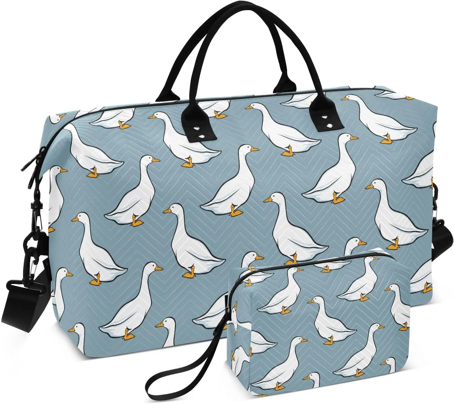 VIGTRO Travel Duffel Bag Weekender Overnight Bag with Toiletry Bag White Geese Cute Pattern Printed, Carry On Luggage Bag for Hospital Gym Travel Business, 2 Pcs Set