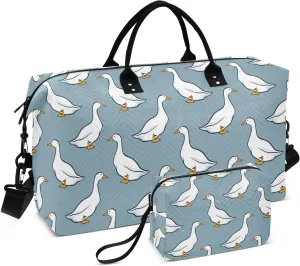 VIGTRO Travel Duffel Bag Weekender Overnight Bag with Toiletry Bag White Geese Cute Pattern Printed, Carry On Luggage Bag for Hospital Gym Travel Business, 2 Pcs Set