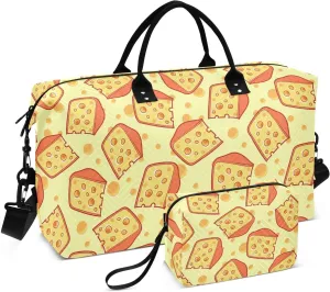 VIGTRO Travel Duffel Bag Weekender Overnight Bag with Toiletry Bag Yellow Cheese Printed, Carry On Luggage Bag Cartoon for Hospital Gym Travel Business, 2 Pcs Set