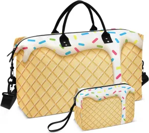 VIGTRO Weekender Bag Travel Duffle Bag for Women Men White Ice Cream Waffle Printed, Overnight Bag for Gym Work with Toiletry Bag, Summer 2 PCS Set