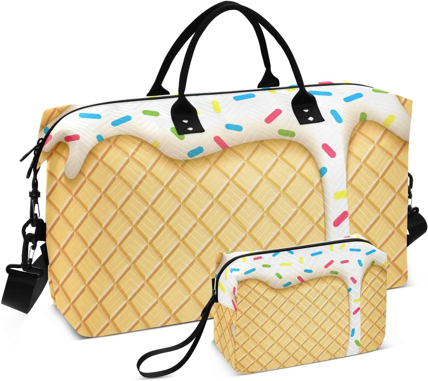 VIGTRO Weekender Bag Travel Duffle Bag for Women Men White Ice Cream Waffle Printed, Overnight Bag for Gym Work with Toiletry Bag, Summer 2 PCS Set