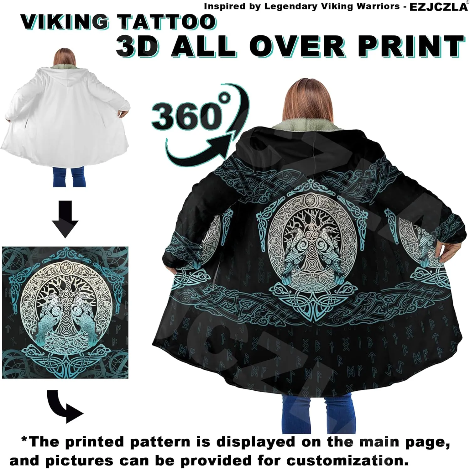 Viking Battlemaidens Mens Winter Coat Warmth Padded Wool Blend Hood Cloak Valkyrie Print Harajuku Oversized Cardigan