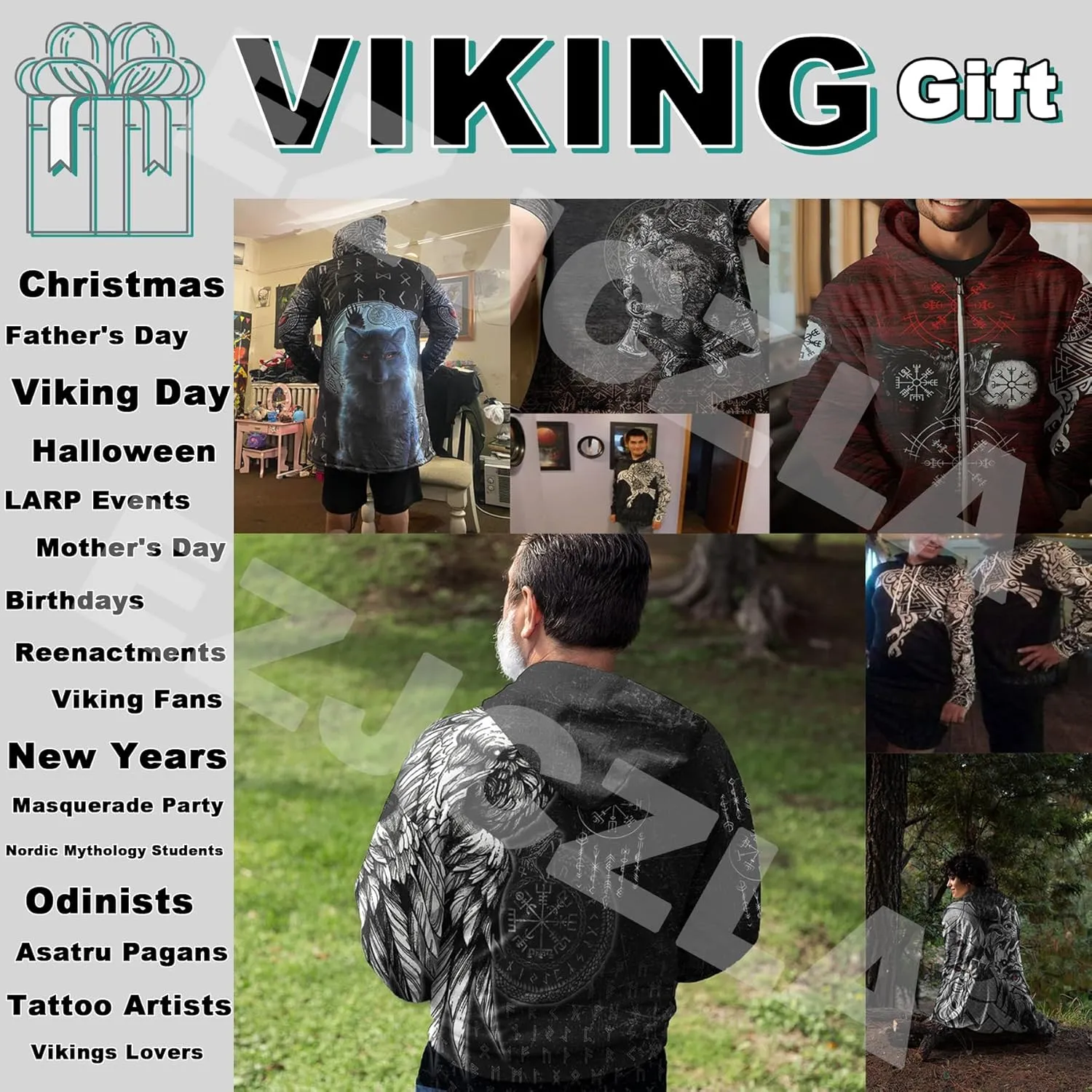Viking Battlemaidens Mens Winter Coat Warmth Padded Wool Blend Hood Cloak Valkyrie Print Harajuku Oversized Cardigan