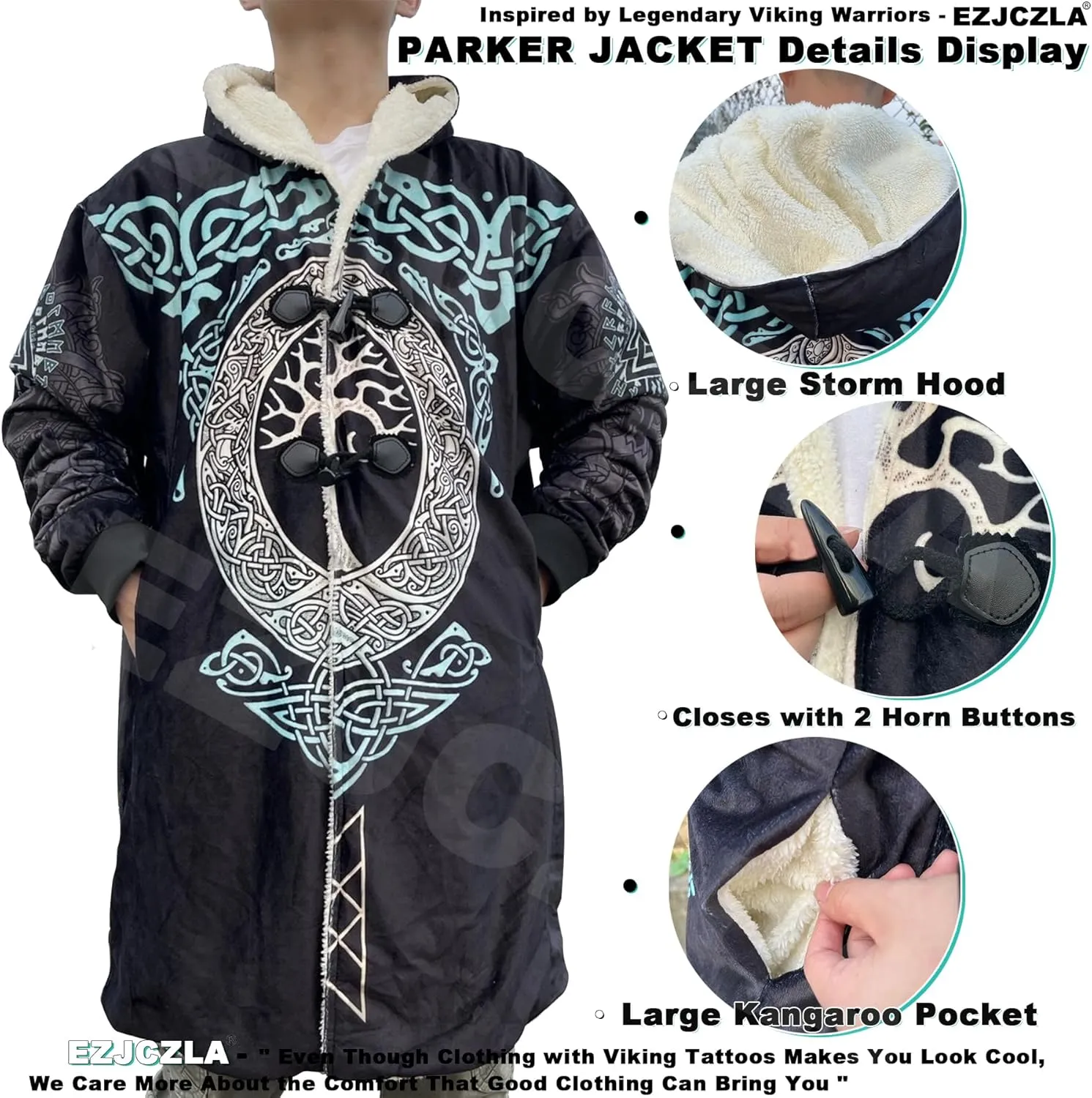 Viking Battlemaidens Mens Winter Coat Warmth Padded Wool Blend Hood Cloak Valkyrie Print Harajuku Oversized Cardigan