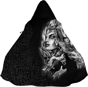 Viking Battlemaidens Mens Winter Coat Warmth Padded Wool Blend Hood Cloak Valkyrie Print Harajuku Oversized Cardigan