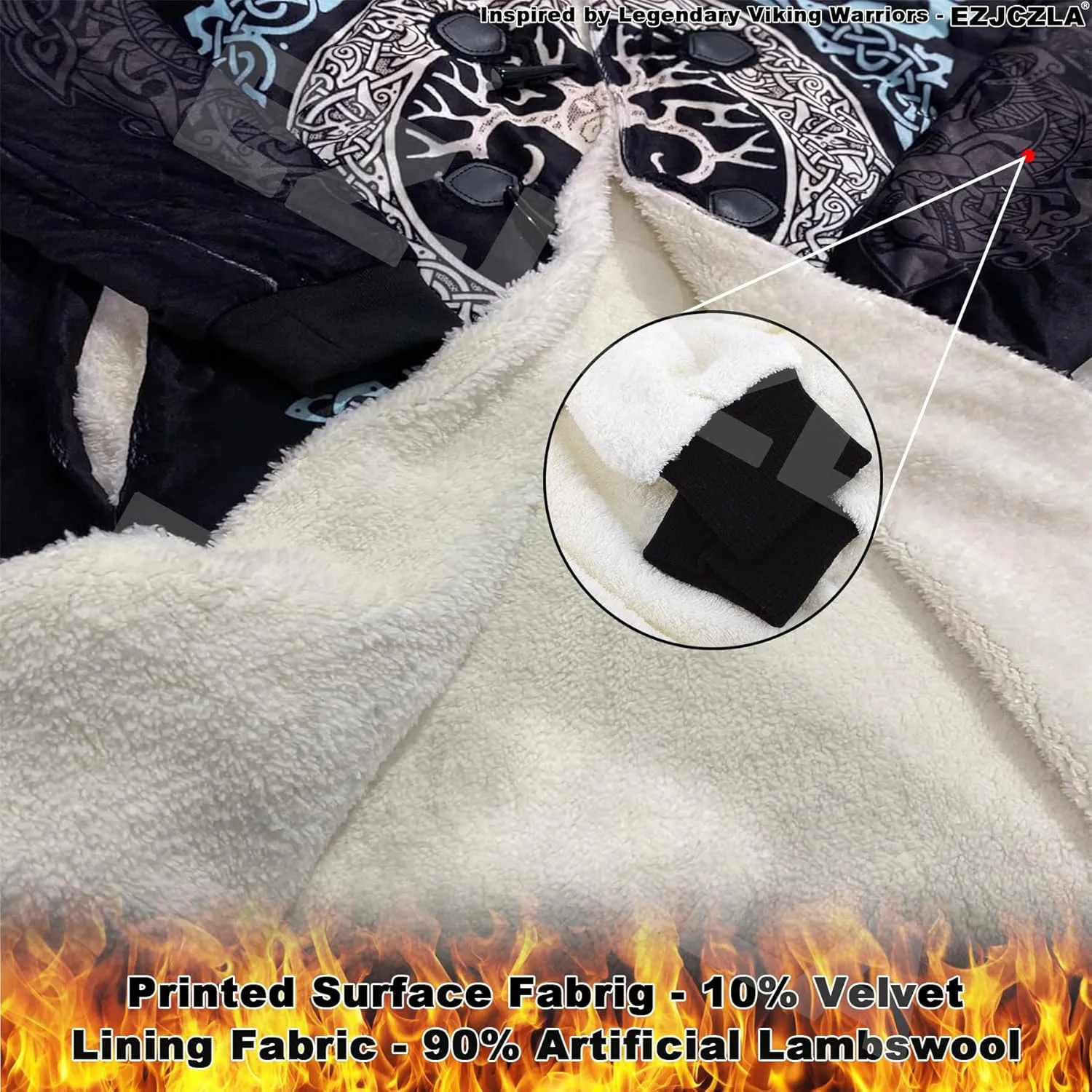 Viking Battlemaidens Mens Winter Coat Warmth Padded Wool Blend Hood Cloak Valkyrie Print Harajuku Oversized Cardigan