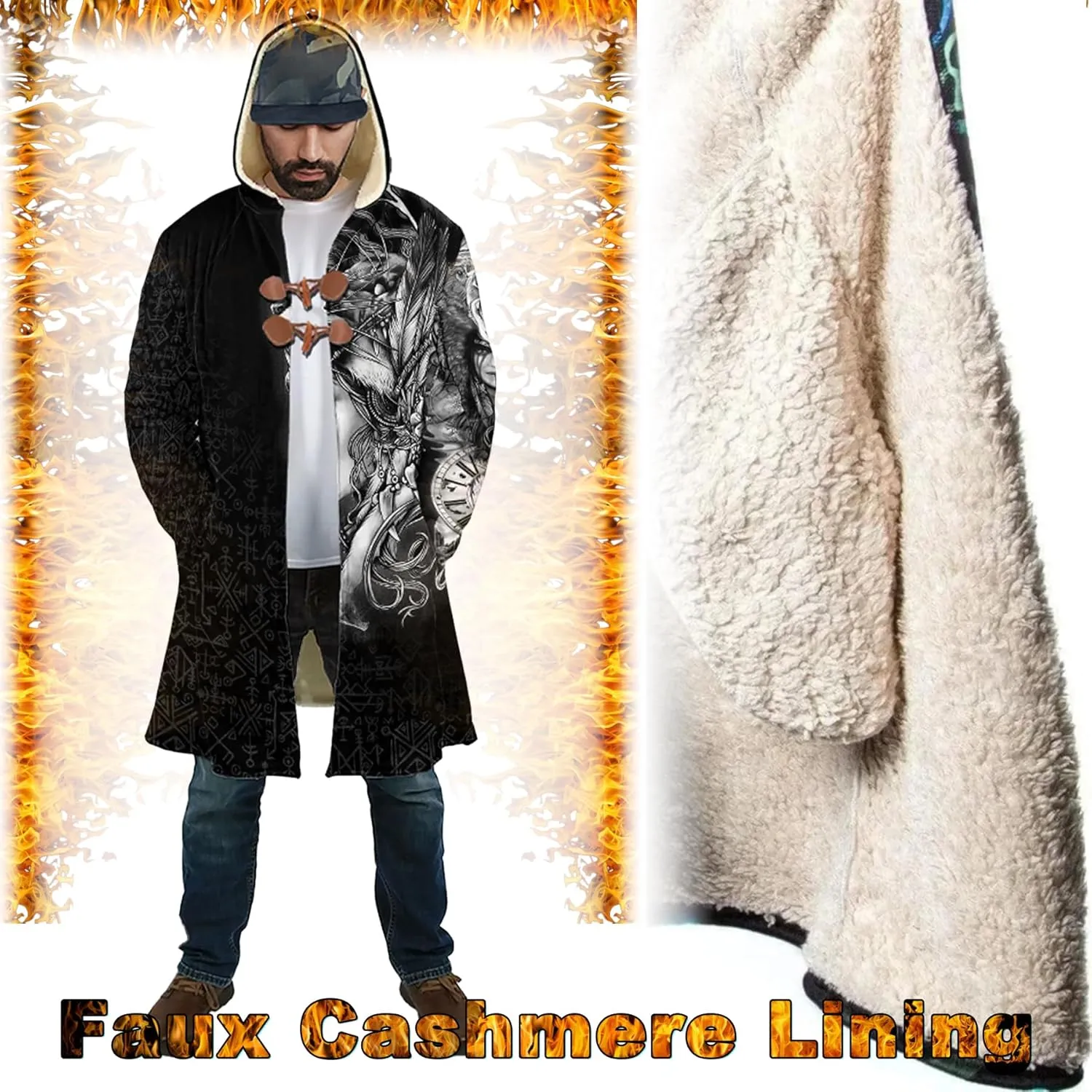 Viking Battlemaidens Mens Winter Coat Warmth Padded Wool Blend Hood Cloak Valkyrie Print Harajuku Oversized Cardigan