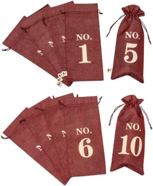 VINOPIE Burgundy Blind Tasting Wine Bags Cover Pouch Kit Tasting Sleeve With Numbering 1to10 Mark Printed On It (10pcs) Hessian Cloth Glass Bottle Gift Bags for Christmas Wedding Party Decoration