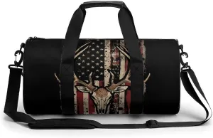 Vintage Deer U.S. Flag Gym Bag for Women Men Travel Duffle Bag Carry on Weekender Tote Bag Lightweight