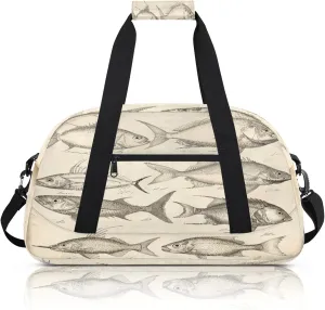 Vintage Fish Printed Small Gym Bag 18 inch Carry On Duffel Bag for Weekender Travel Sports Workout Yoga Gymnastics Dance Ballet